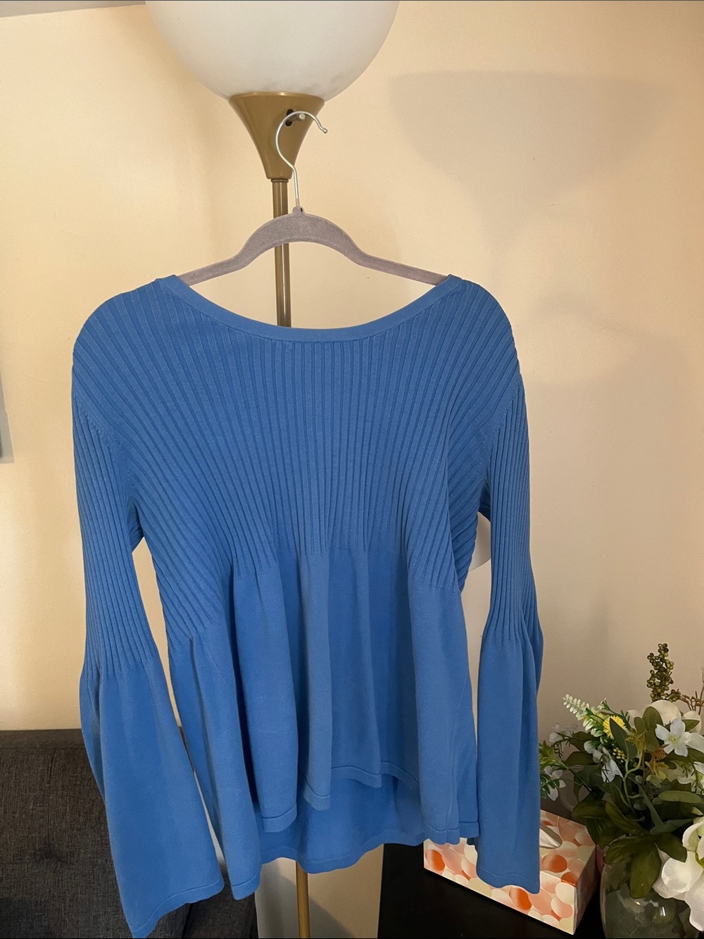 Chadwicks Blue Ribbed Bell Sleeve Top